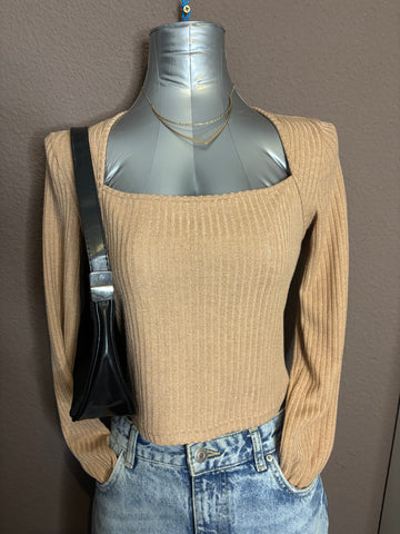 Haut côtelé beige manches longues – SHEIN