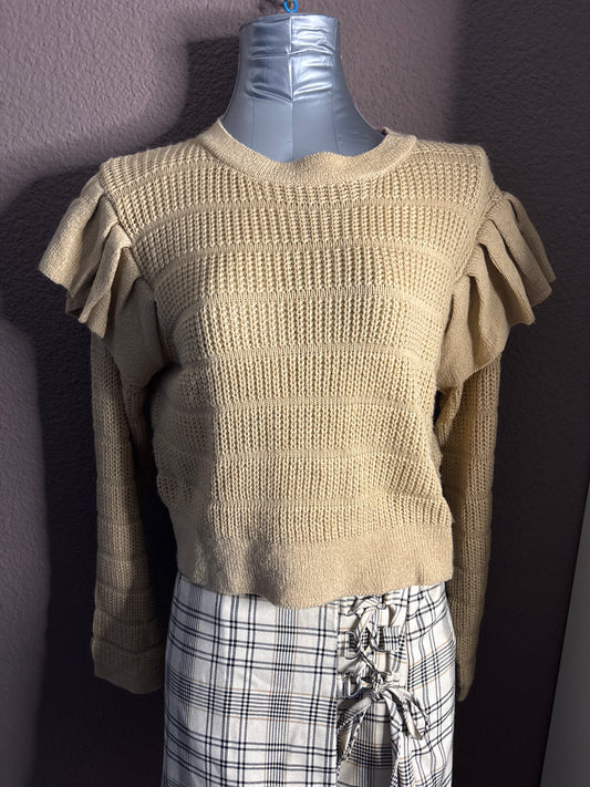 Pull beige camel à volants aux épaules – Taille L – SHEIN