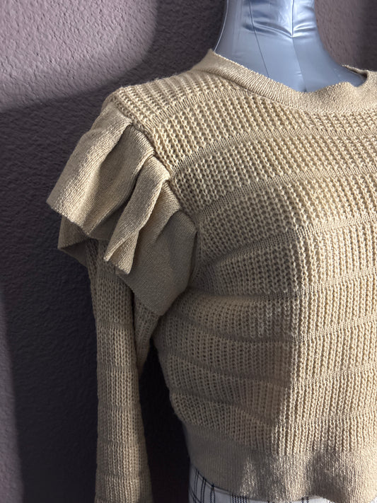 Pull beige camel à volants aux épaules – Taille L – SHEIN