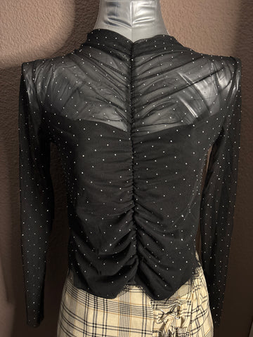 Haut noir transparent à strass avec doublure poitrine – Taille XS – Fabrication italienne