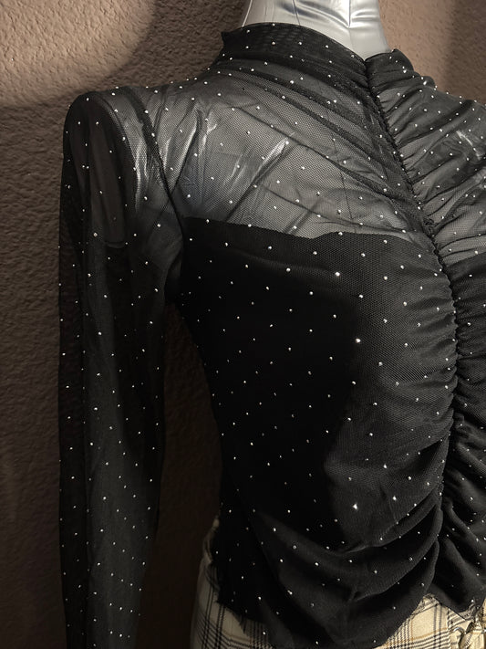 Haut noir transparent à strass avec doublure poitrine – Taille XS – Fabrication italienne
